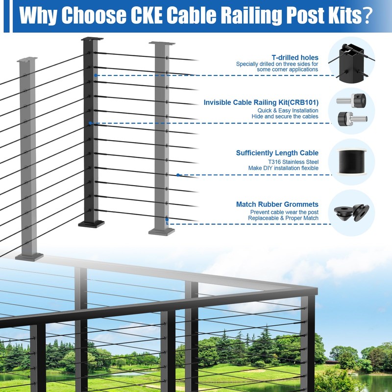 CKE T-Drilled Corner Post Cable Railing, Three Sides T-Drilled 42"