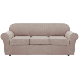 H.VERSAILTEX 4 Piece Stretch Sofa Covers for 3 Cushion Couch Covers for Living Room Slipcovers (Base Cover Plus 3 Seat Cushion Covers) Upgraded Thicker Jacquard Fabric (Sofa, Sand)