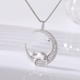 Cat Necklaces on Moon Cat Necklaces for Women Cat Jewelry Women Sterling Silver Cat Pendant Necklaces for Girls Hanging Cat Necklace Cat Jewelry Kitty Necklaces Silver Cat Necklace for Girls Women