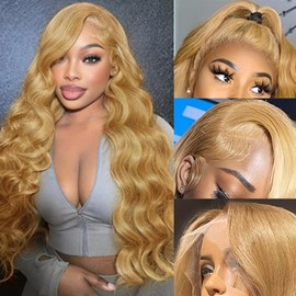 Smavida Glueless Honey Blonde Body Wave Wig Human Hair 28Inch 180% Density 13x4 Blonde HD Transparent Lace Front Wig Human Hair Pre Plucked with Baby Hair Wear and Go 27# Color Wigs Human Hair