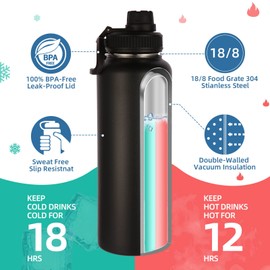 Volhoply 1200ml Insulated Water Bottles Paracord Handle, Stainless Steel Sports Bottle with Spout Lid, Double Walled Travel Water Thermos with Wide Mouth, Reusable Water jug for Adults (Black, 1 Set)