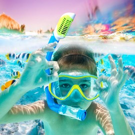 Kids Snorkel Set for Age 5-15 Dry Top Snorkeling Gear for Kids, Diving Mask and Snorkel Set Swimming Goggles with Nose Cover for Kids Youth Boys Girls Junior (Blue)