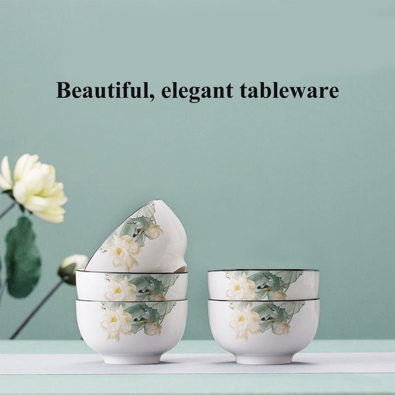 5 Pack Porcelain Bowls With Lotus Pattern, 4.5" x 2.36"