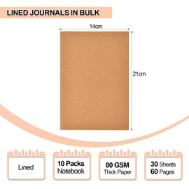 VEESUN Pack of 10 Notebooks, Lined Pages, A5 Notepad, Sketchbook, Kraft Cover Notebook for Children and Adults, Diary for School, Office, Travel, Drawing, Back to School Gift