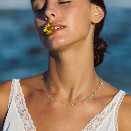 MTMY Beaded Necklaces for Women 14K Gold Plated Dainty Colorful Green/Rose Beaded Pearl Choker Necklace Delicate Boho Choker Necklace Jewelry Gift (beads turquoise)