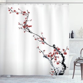 Lunarable Flor de Acuarela Cortina de Baño, El árbol de Sakura Japón, Paño Conjunto de Decoración de Baño de Tela y Ganchos, 84" Extra Alta, Coral Negro Gris Oscuro