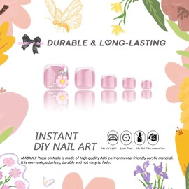 Press on Toenails French Tip Fake Toenails Full Cover Pink Square Diamond False Toenails with 3D Pink Flower Designs Rhinestones Glossy Short Acrylic Toes Nails Artificial Toenail for Women Girls
