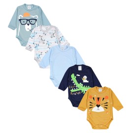 TupTam Wrap Bodysuit Long Sleeve Baby Bodysuit in Set of 5 - Soft Cotton Baby Bodysuit for Girls and Boys, Colour mix 1