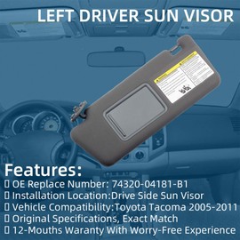Dasbecan Left Driver & Right Passenger Side Sun Visor Compatible with Toyota Tacoma 2005-2012 2013 2014 2015 74320-04181-B1 74320-04180-B1 74320-04181-B1 74320-04180-B0 Gray Without Light