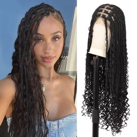 Brinbea 13x8 HD Lace Front Braided Wigs for Women Knotless Boho Braided Wigs Box Braid Wig With Baby Hair Human Hair Blended Long Black Braided Wig 36 Inch