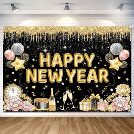 LDWLYW Happy New Year Banner New Years Backdrop for New Years Eve Party Supplies 2025 Happy New Years Decorations Black and Gold New Years Eve Background Wall Decor Photo Props 7x5ft