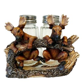The Bridge Collection Moose Salt and Pepper Shaker Holder Set - 3 Piece Set - Moose Kitchen Items - Fun Salt and Pepper Shakers for Mountain, Cabin, or Hunting Decor