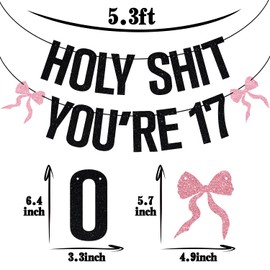 Black Glitter Holy You're 17 Banner, Bowknot Happy 17th Birthday/Bruh I'm 17, Tying Bow Ties Themed 17th Birthday Party Decorations Supplies