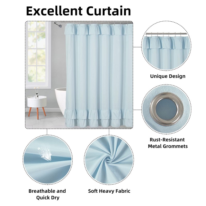 YOSTEV Light Blue Ruffle Shower Curtain Farmhouse Fabric Cloth Shower