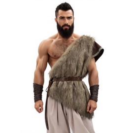 KUOIN Medieval Faux Fur Vest Brown Fuzzy Waistcoat LARP Eskimo Costume with Belt (Brown, Small)