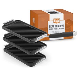 Yukon Glory™ SEAR 'N SERVE Cast Iron Grill Pan Set Includes 3 Cast Iron Grilling Baskets & Clip-On Handle - Cast Iron grill pans for stove tops or Outdoor Grills Leave Professional Sear Marks