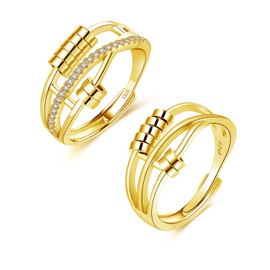 Hasnsofie Silver 925 Anxiety Rings, 2 Pieces 925 Sterling Silver Anti-Stress Ring Set, Open Adjustable Anxiety Ring, Unisex Spinner Fidget Partner Rings, Decompression Ring with Beads for Anxiety