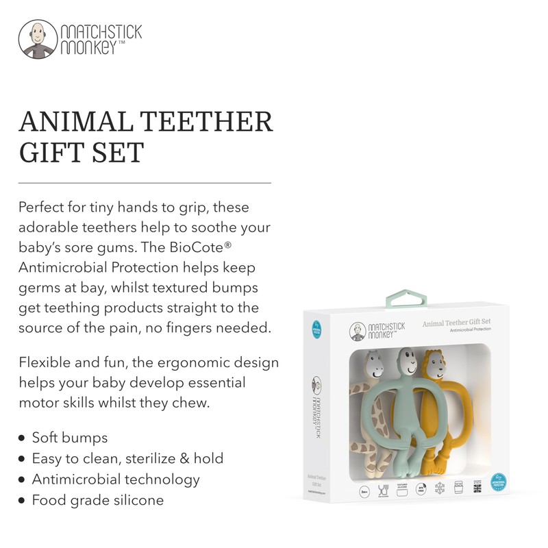Matchstick Monkey, Antimicrobial Animal Teether Gift Set - 3 Pack,