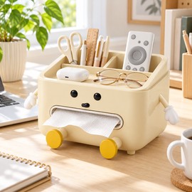 Multifunctional Desktop Organizer for Office and Home – Cute Beige Storage Box with Tissue Holder and Compartments for Everyday Essentials