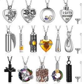 Ecation 15 Pcs Urn Necklace for Ashes Women Keepsake Cremation Jewelry Stainless Steel Cross Heart Cubic Locket Ashes Necklace for Human Loved One(Yellow)