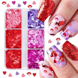 6 Grids Valentine's Day Nail Art Glitter Sequins Kits - 3D Heart Lips Nail Glitters Valentine Nail Stickers Decal for Shining Flakes Red Pink Purple Heart Nail Design Glitters for Manicure Decorations