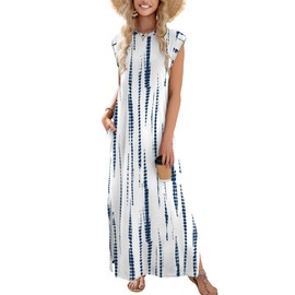 Zeagoo Womens Floral Dress Sleeveless Casual Summer Beach Maxi Sundress Loose Fit Long Dress Flower Print Tank Cotton Dresses with Pockets 2025 Blue and White XXL