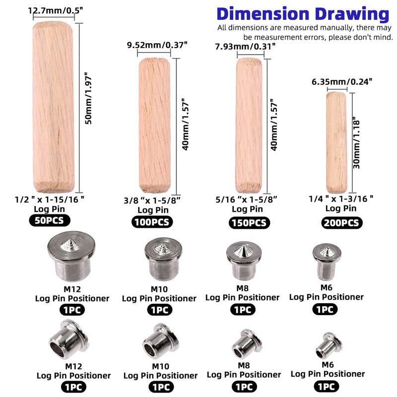 Glarks 508Pcs 1/4" 5/16" 3/8" 1/2" Wooden Dowel Pins Beveled