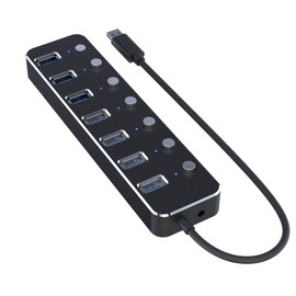 LITTONE® Powered USB 3.0 Hub Aluminum Black 7 Port USB 3.0 Data Hub with 5V/2.4A Power High-Speed Extension Hub with Individual On/Off Switch & LED LM-TC51# (Black)