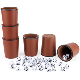 RERIVER Felt-Lined PU Leather Dice Cup Set, 6 Quiet Dice Shaker Cups with 36 Dices for Bar Party Yahtzee Farkle Dice Games, Dark Brown