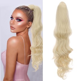 Benehair Ponytail Extensions 24 Inch Long Curly Wavy Drawstring Ponytail Synthetic Clip in Ponytail Hair Extensions Blonde Hairpieces for Women(Blonde, 160g)