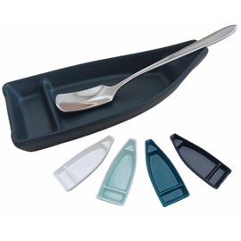 Coffee Stirring Spoon and Rest for Coffee Bar Accessories, Small Spoon Rest for Coffee Station, Coffee Spoon Holder for Coffee Bar Tea Spoon Teaspoon Rest, 1 PC (Oar Spoon with Retro Black Boat Rest)