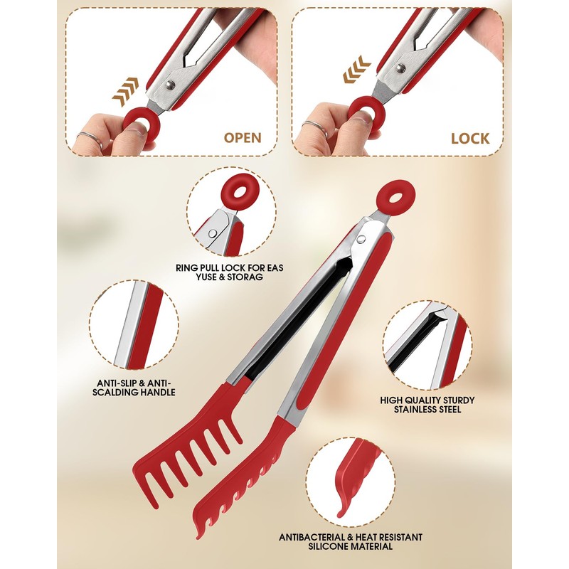 Spaghetti Spoon and Pasta Tong with Teeth and Drain Holes,