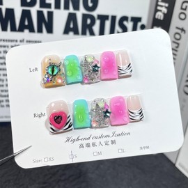 Luxury Press on Nails Medium Duck Handmade Fake Nails 3D Flower Art ＆ Gems Design False Nails with Glue,Muti-Layer Gel Thick Press ons Nail Reusable Colourful Nails for Women(Size S)