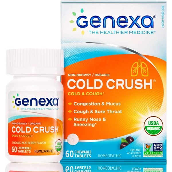 Genexa Cold Crush - 60 Tablets – Multi-Symptom Cough & Cold Medicine - Certified Vegan, Organic, Gluten Free & Non-GMO - Homeopathic Remedies