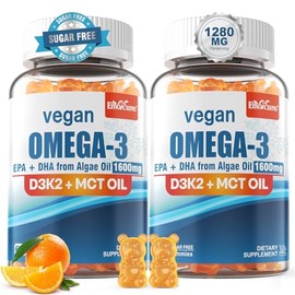 Vegan Omega 3 Gummies 1280mg + Vitamin D3 K2 (MK7), Omega 3 Fish Oil Alternative for Adults, w/Algae EPA 600mg & DHA 400mg, MCT Oil - No Fish Taste - 