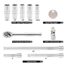 EMENTOL 11PCS 3/8" Drive Socket Accessory Set, SAE/Metric, 6 Point Spark Plug Sockets, Universal Joint, Extension Bar, Ratchet Wrench, Spark Plug Gap Gauge