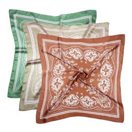 Enwye 3 Pcs 70X70CM Satin Square Scarves for Women Cute Pastel Bandanas Light Green Brown Green Polyester Printed Head Scarves Hair Accessories
