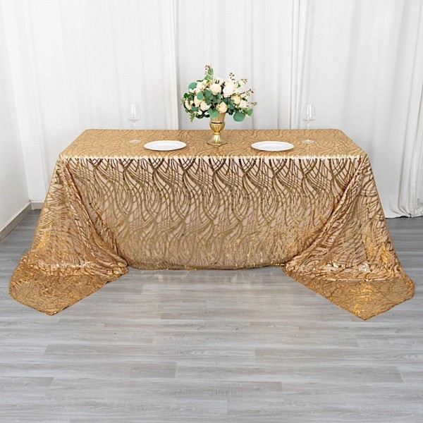 CraftsnFavors 90x156 in GOLD Wavy Sequined Mesh Rectangle TABLECLOTH Party
