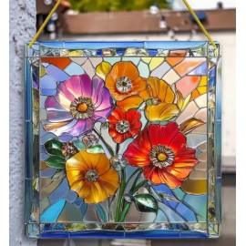 Unbranded Suncatcher Vibrant Poppy Bouquet Acrylic Suncatcher, 8"x8" Hanging Decor