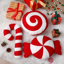 Yuntau 5 Pcs Christmas Candy Cane Throw Pillows Red and White Peppermint Candy Shape Throw Pillow Couch Cushion Christmas Decorative Spiral Lollipop Stuffed Pillow for Couch Sofa Xmas Decor Room