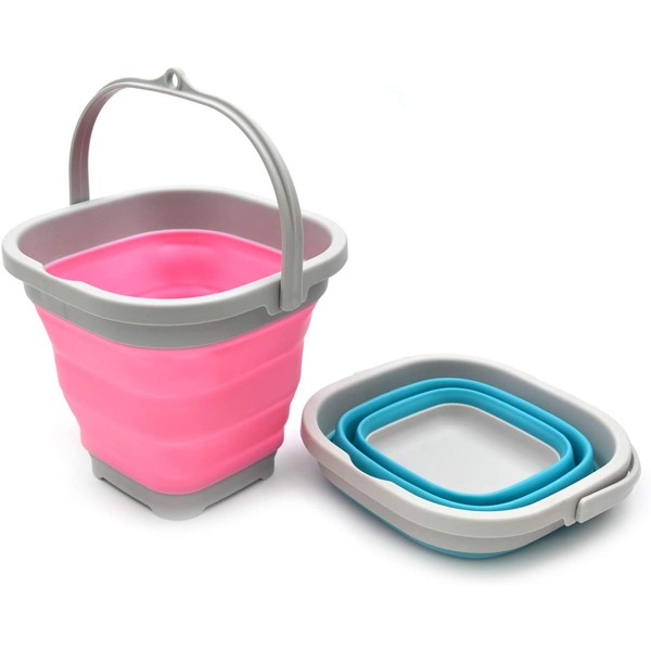 SAMMART Set of 2-2.6L (0.68 Gallon) Super Mini Sqare Collapsible Plastic Bucket - Foldable Square Tub - Portable Fishing Water Pail - Space Saving Outdoor Waterpot (2, Pink + Bright Blue)