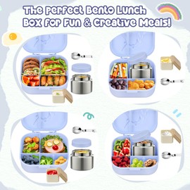 Aimsnk Magical Fantasy Lunch Box Set for Kids - 12oz Insulated Food Jar, Collapsible Space Cup & Utensils,Thermal Bag & Leakproof Bento Containers with Cutlery (BPA Free) - Ages 3-10 (Blue-Gradient)