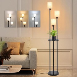 Oyxon Floor Lamp for Living Room with Shelves, 65in 3 Lights Vintage Industrial Tall Floor Lamp with Linen Lampshade and Foot Switch, Black Standing Lamp Modern for Bedroom Office