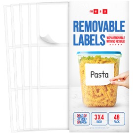 MESS Removable Food Labels for Containers (48-Pack) 3x4" Erasable Kitchen Labels for Organizing, Freezer & Fridge, White Dry Erase for Jars