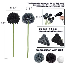 Blooming Paradise 20Pcs Artificial Fake Flower Plants Silk Chrysanthemum Ball Hydrangea Arrangements Wedding Bouquets Decor Home Kitchen Garden Party Table Floral centerpieces DIY (Black&Grey)
