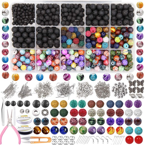EuTengHao 846 Pieces Lava Stone Beads Rock Loose Beads Cloisonne Beads Kit with Ink Patterns Chakra Beads Spacer Pendant Beads for Diffuser Essential Oils Adult DIY Bracelet Jewellery Making Supplies