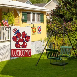 Wodison 4th of July Garden Flag Patriotic Dog Paw Print Welcome 12x18 Inch Double Sided Burlap Yard Flags Independence Day Memorial Day Yard Outdoor Decoration
