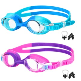 2Pack Kids Swim Goggles, No Leaking Anti Fog Kids Goggles Swimming Goggles with Clear Wide Vision, Waterproof Kids Swimming Goggles with Ear&Nose Plug for Boys Girls Children