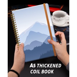 Ruled Spiral Writing Notebook,A5 Hardcover Lined College Journal for Women Lady Girl,Blue Watercolor Cloudy Misty Landscape Strong TwinWire Binding with Premium Paper,8.4 X 6,Perfect for