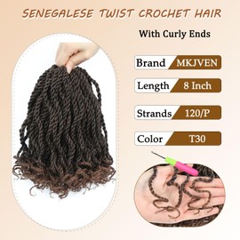 8 Inch Senegalese Twist Crochet Hair 8 Packs Short Havana Twist Crochet Braids with Curly Ends Bob Crochet Twist for Kids Synthetic Hair Extensions (8 Inch,T30)